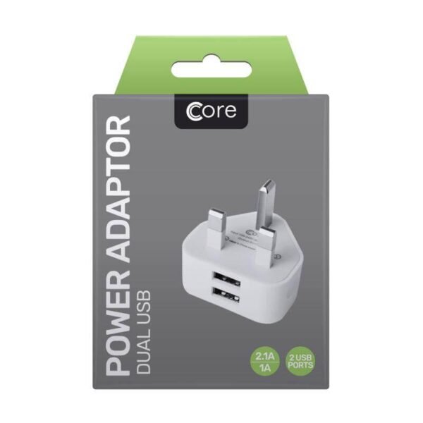 Core Fast Charge Dual USB Mains Charger White