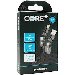 Core+  4-in-1 Cable  Up To 60W Power Delivery & 480Mbps Data Transfer  Type-C, 8-Pin, Type-A Connectors