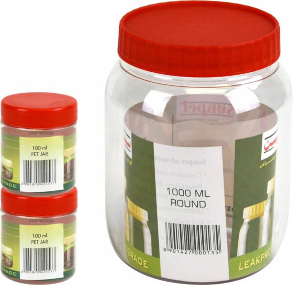 Food Storage Containers Plastic Pet Jar Reusable 1L + Free 2x 100ml Jars