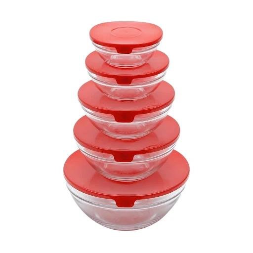 Glass Bowls Food Storage Kitchen Set 5Pcs with Colour Lids Stackable Container - Bon Gourmet - India Bazaar