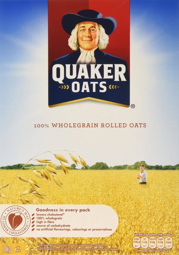Quaker Oats Wholegrain rolled Oats, 1 kg, Pack of 12